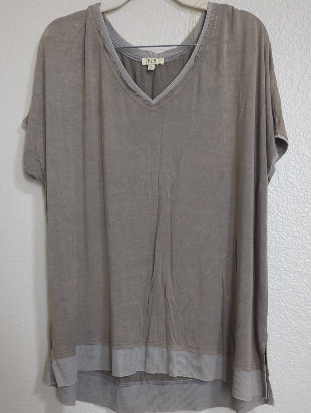 Kori Taupe V-Neck Short Sleeve Tunic with Layered Hem